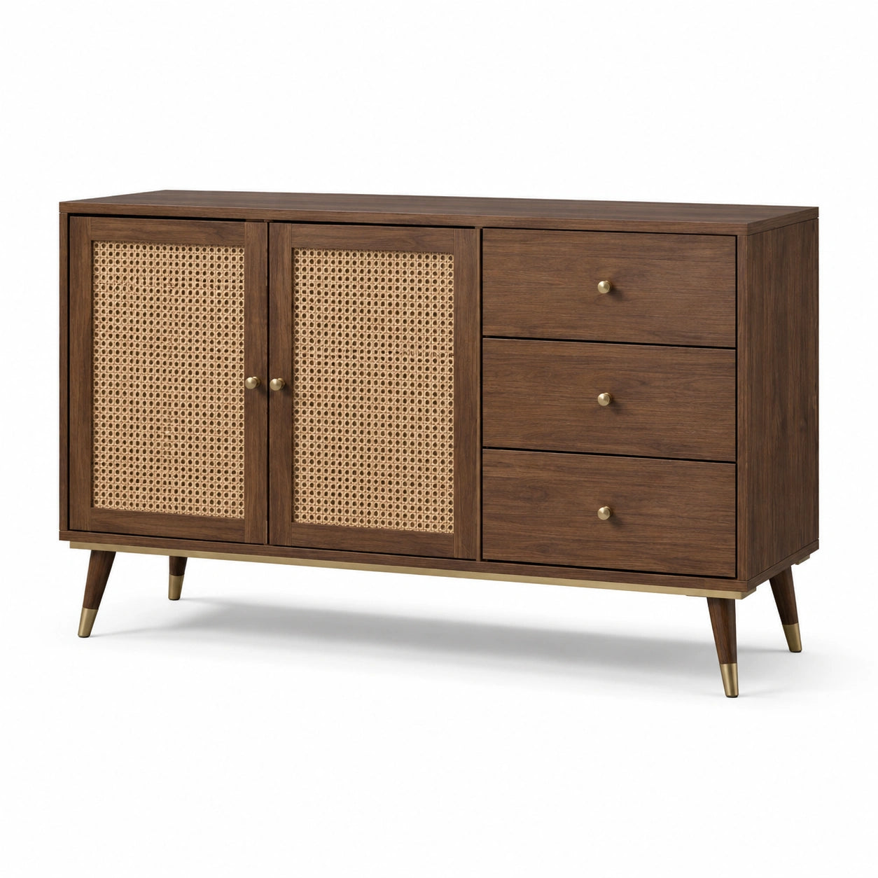 Aparador de madera con puertas de ratán y tres cajones