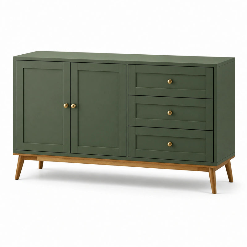 Aparador verde de MDF y madera maciza con 2 puertas y 3 cajones