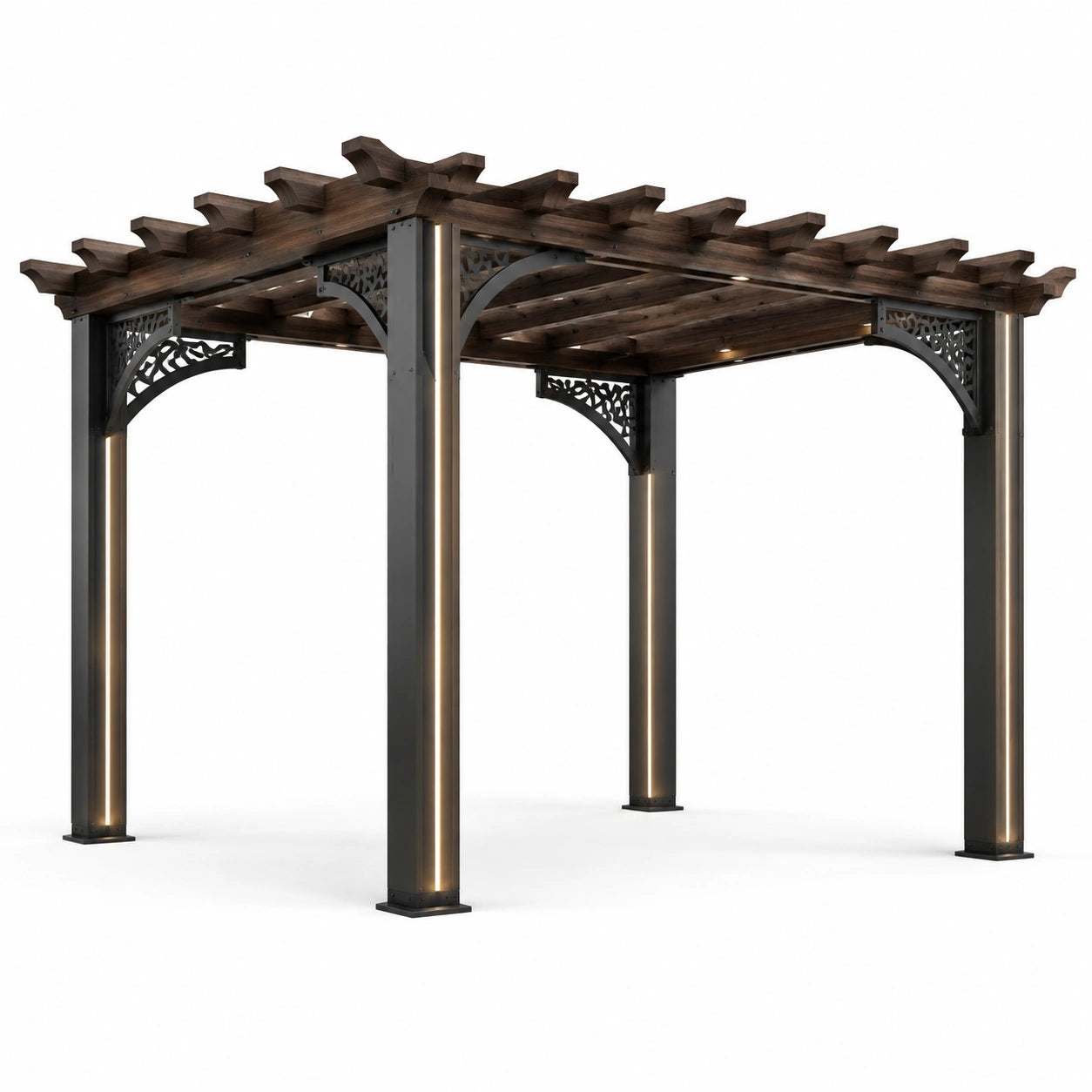 Pérgola de madera y metal con luces LED para exterior