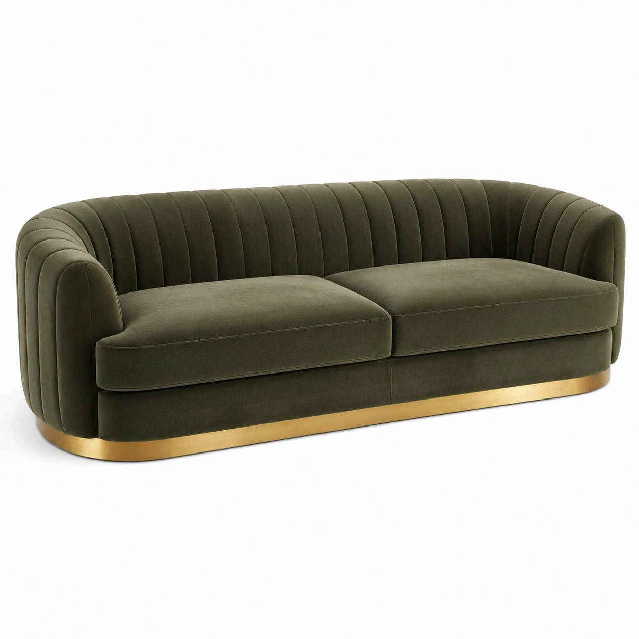 Sofá de terciopelo verde oliva con base dorada 220 cm