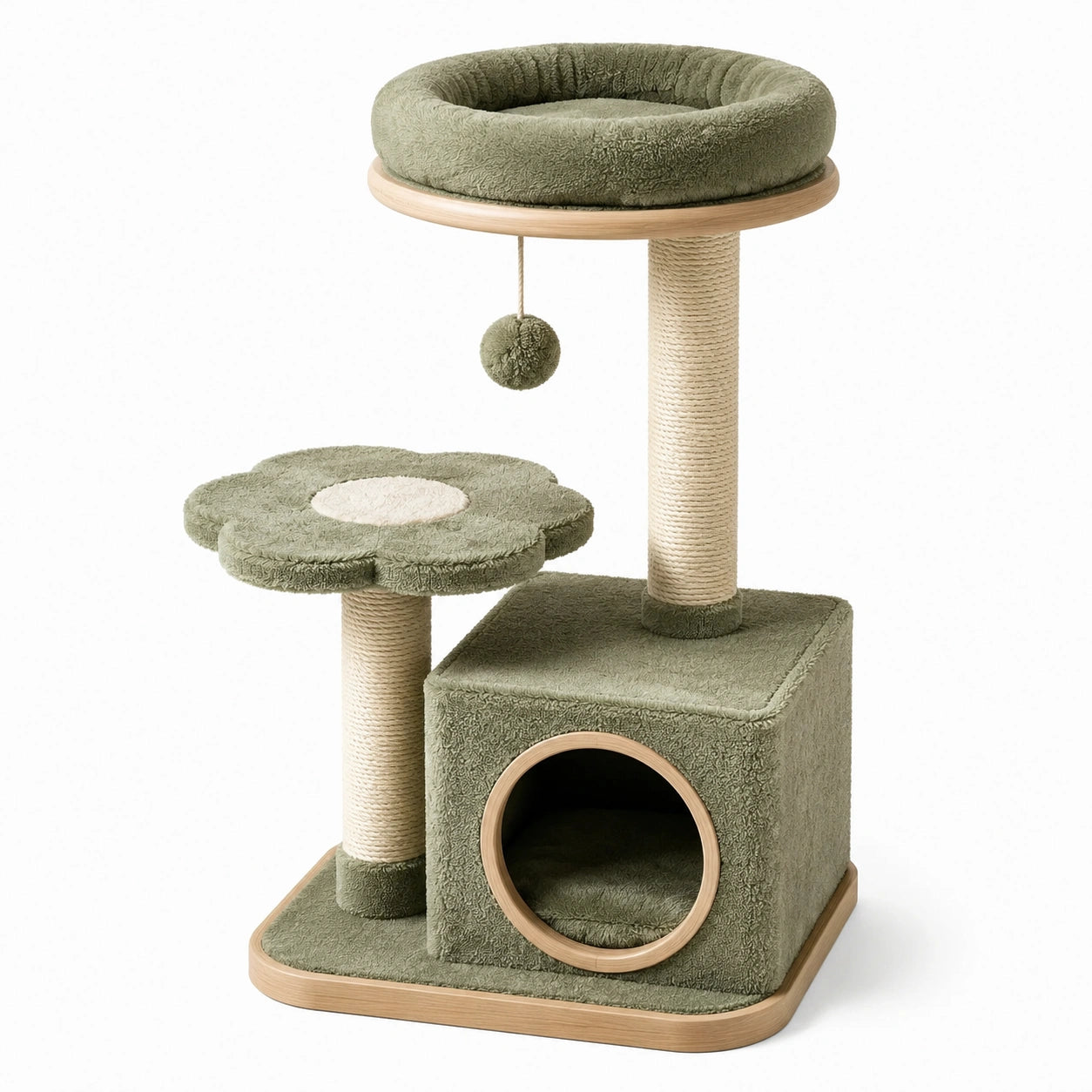 Árbol rascador para gatos de contrachapado con plataformas de sisal y poliéster verde