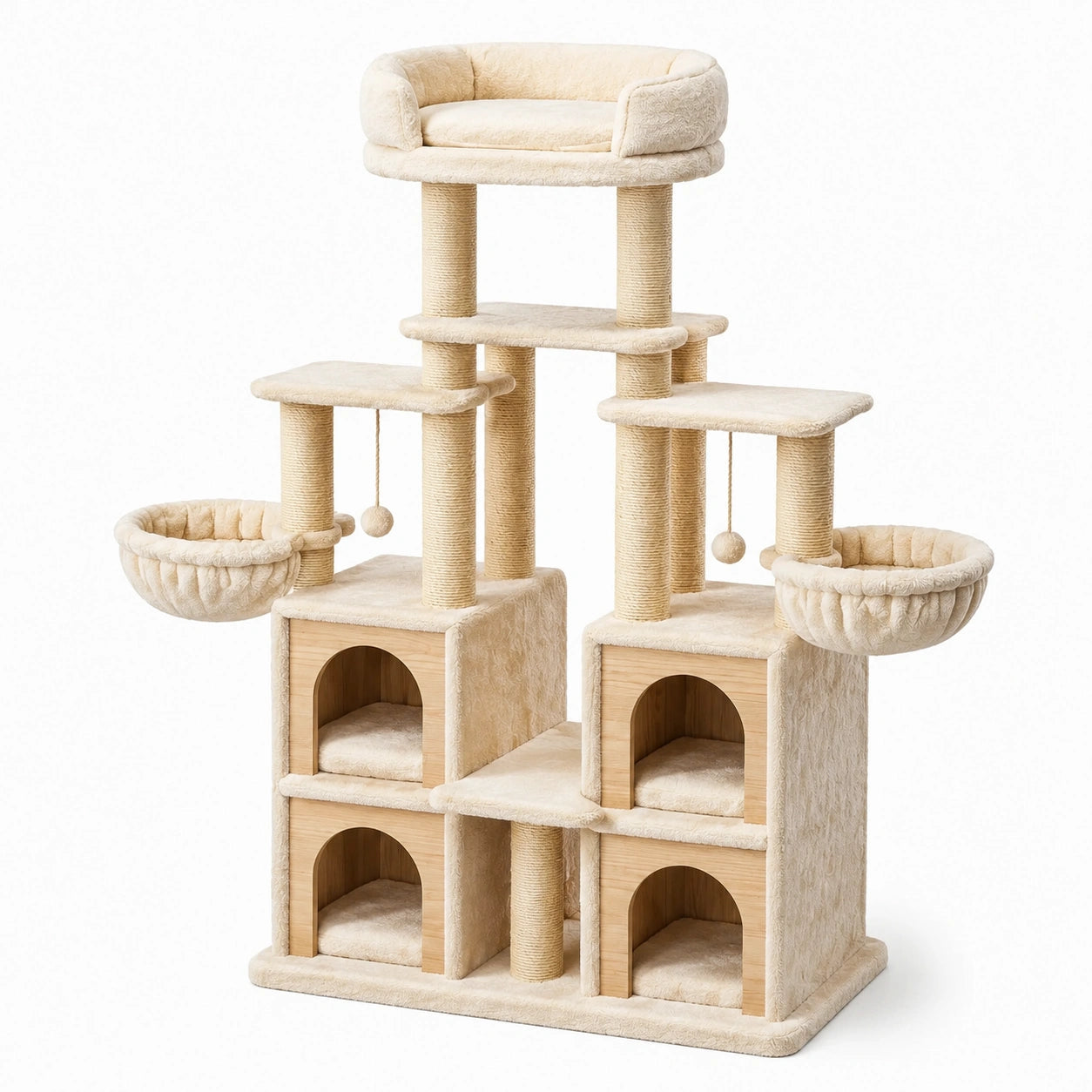 Árbol para gatos de madera con plataformas y cuevas color beige